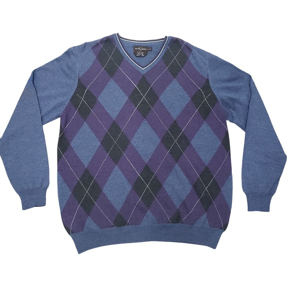 Black Brown 1826 Made in Italy 100% Merino Wool Argyle V-Neck Sweater Men XL - Picture 3 of 12